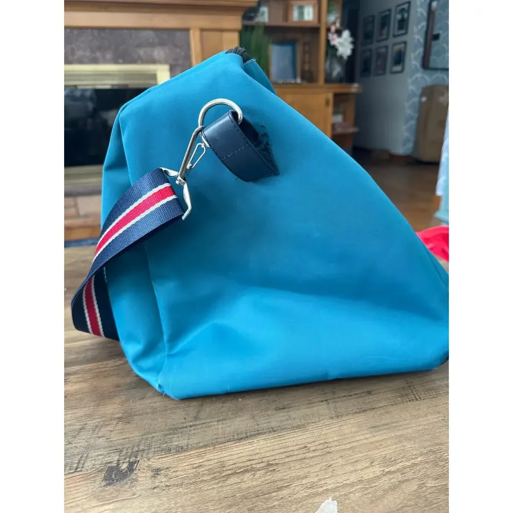 PUNCH Nylon Blue Gem Tone Duffle Bag with Red and Blue Designer Crossbody Detail